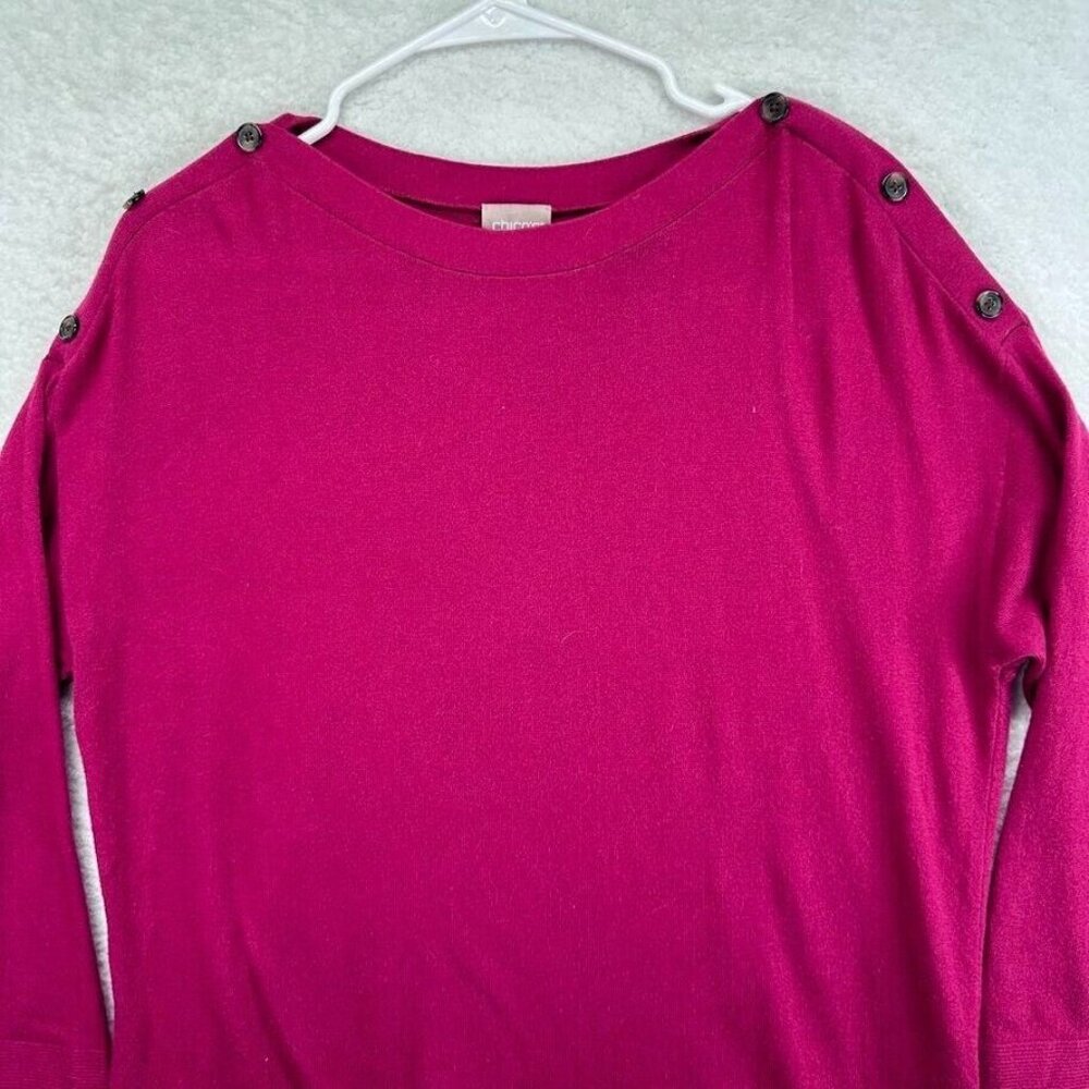 Chicos Sweater Womens Large Tunic Dark Pink Shoulder Buttons Accents Long Sleeve - Picture 2 of 8